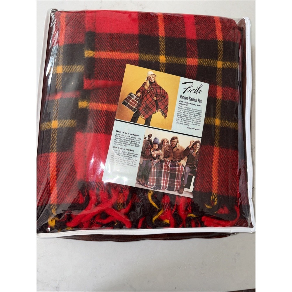 Faribo Tartan Plaid Fringed Acrylic Blanket 50x60 Faribault‎ Woolen Mills Poncho